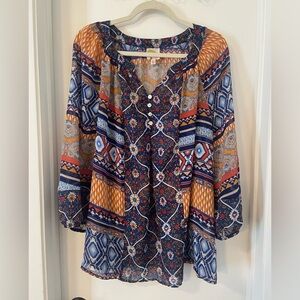 Fig & Flower 2X patchwork floral paisley semi sheer balloon sleeve flowy blouse